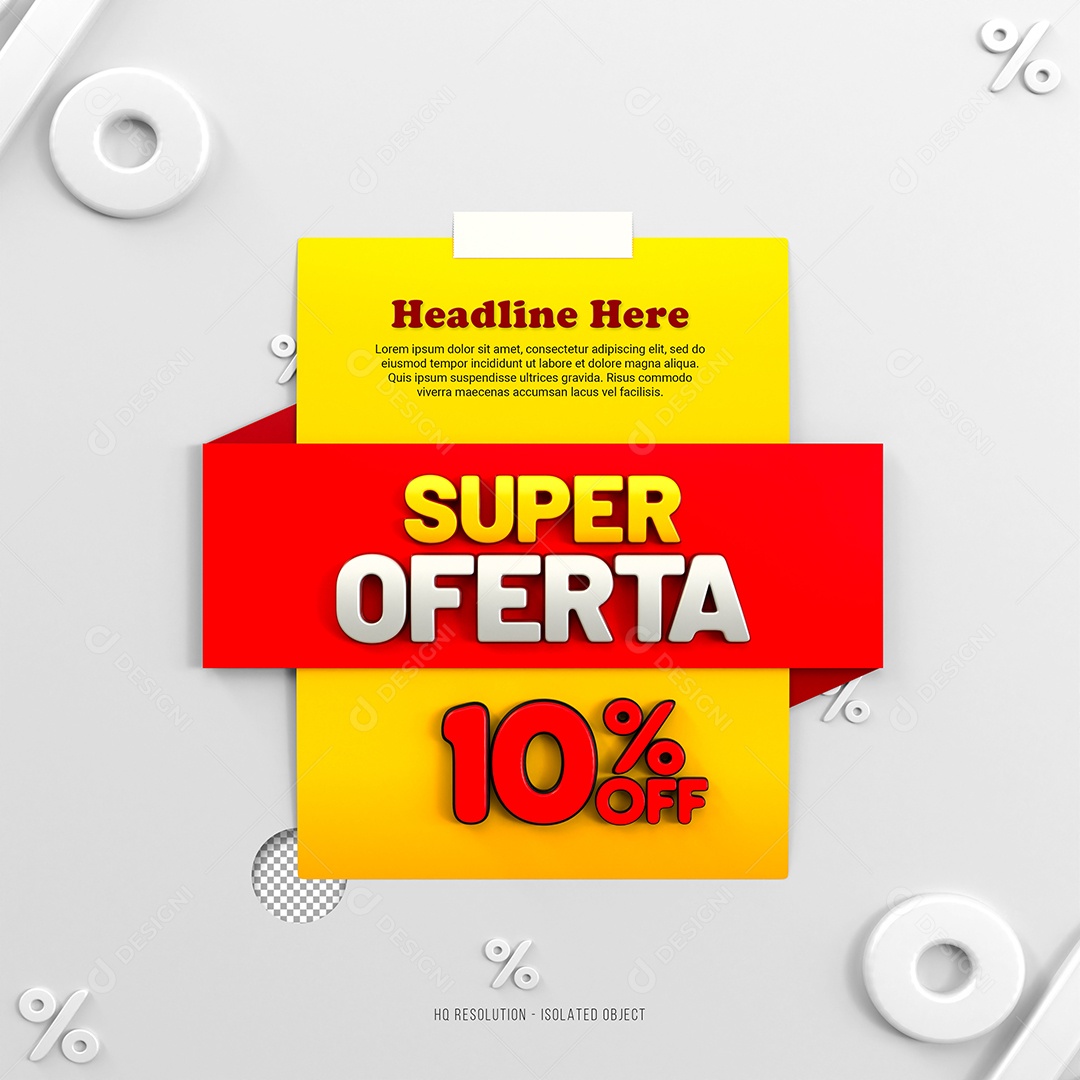 Super Oferta de 10% Off Selo 3D Amarelo e Vermelho para Composição PSD