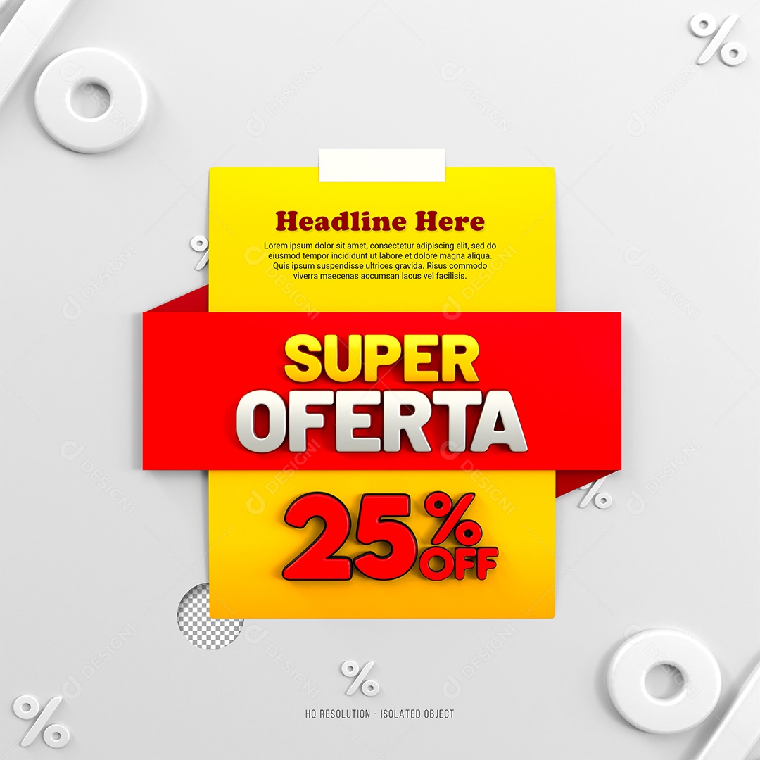 Super Oferta de 25% Off Selo 3D Amarelo e Vermelho para Composição PSD