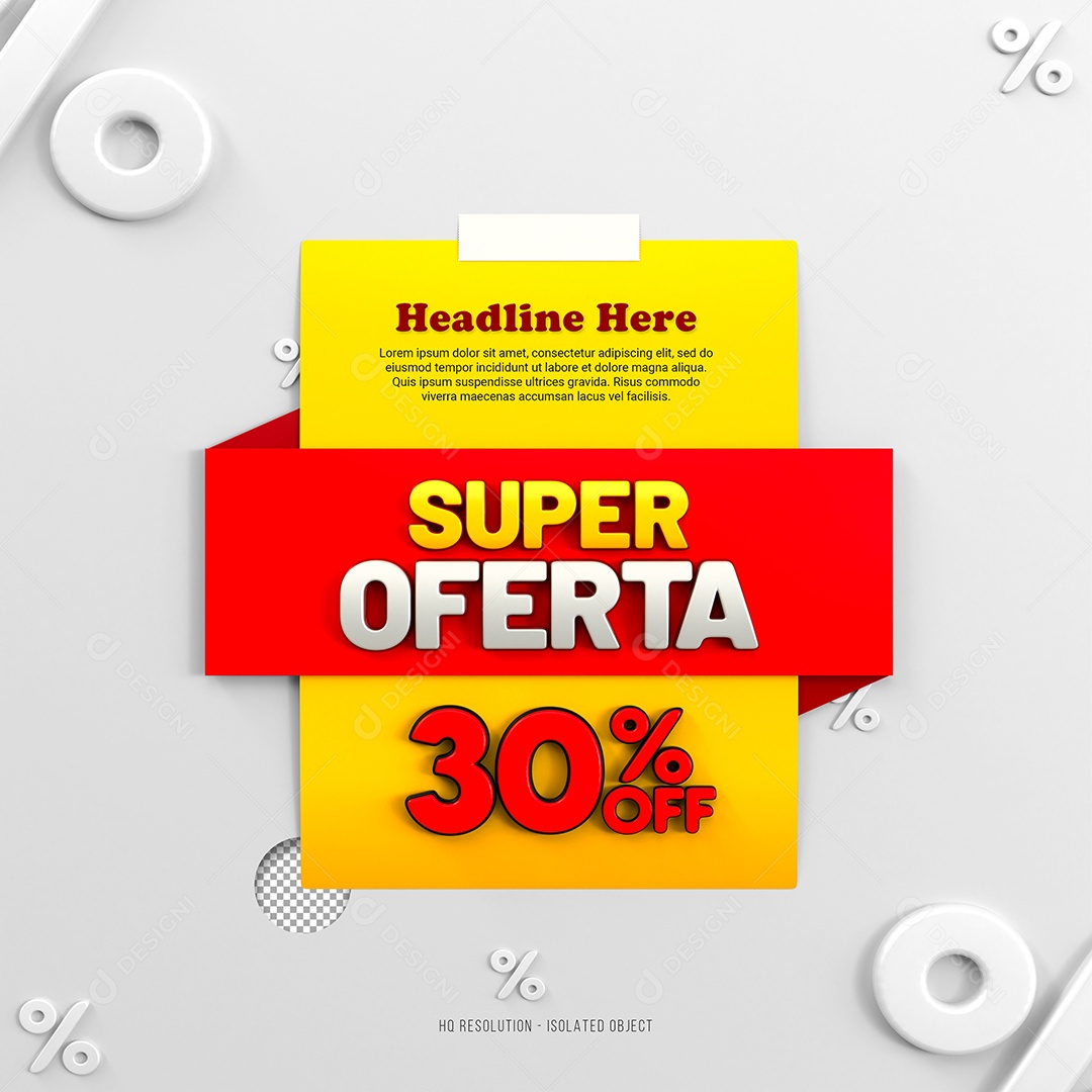 Super Oferta de 30% Off Selo 3D Amarelo e Vermelho para Composição PSD