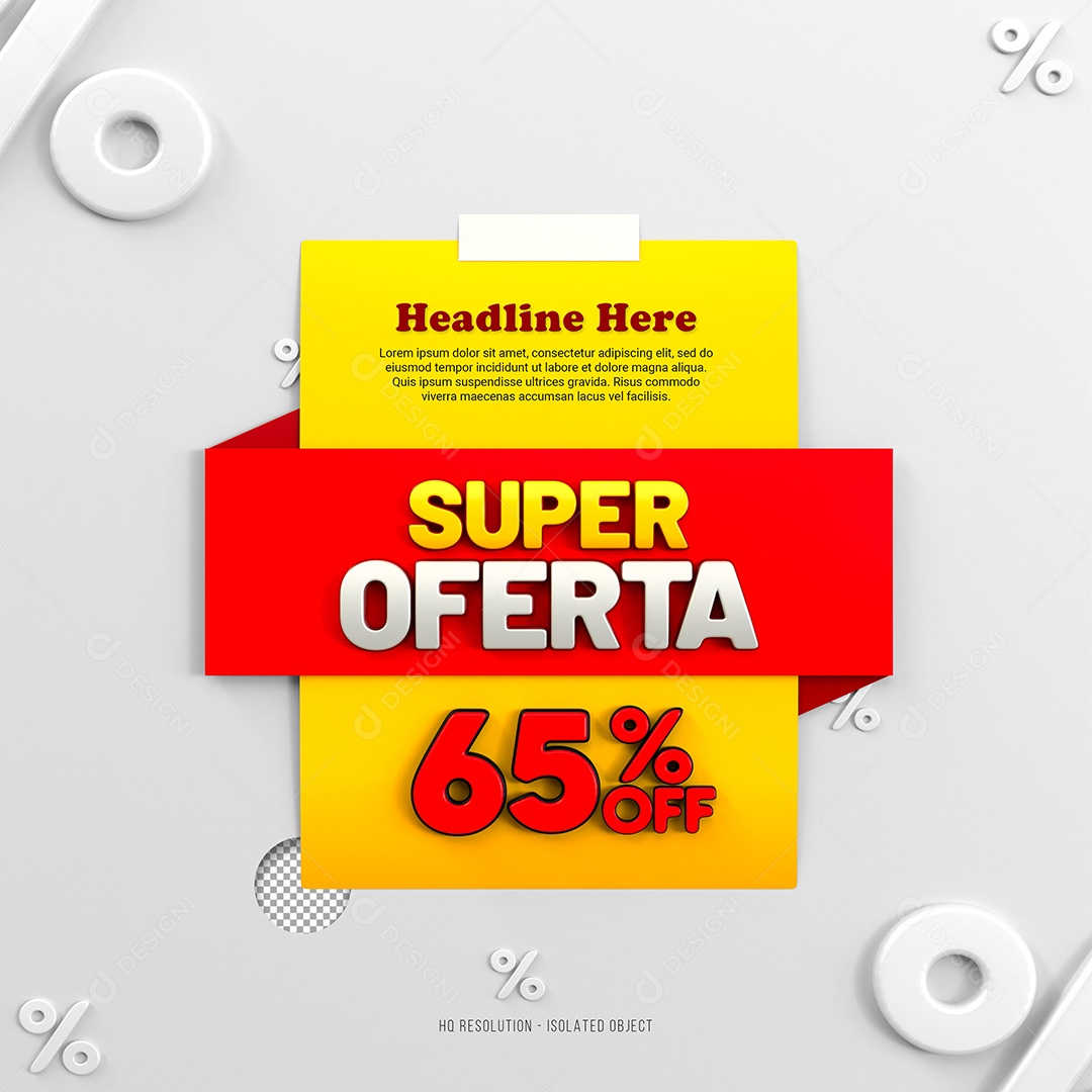 Super Oferta de 65% Off Selo 3D Amarelo e Vermelho para Composição PSD