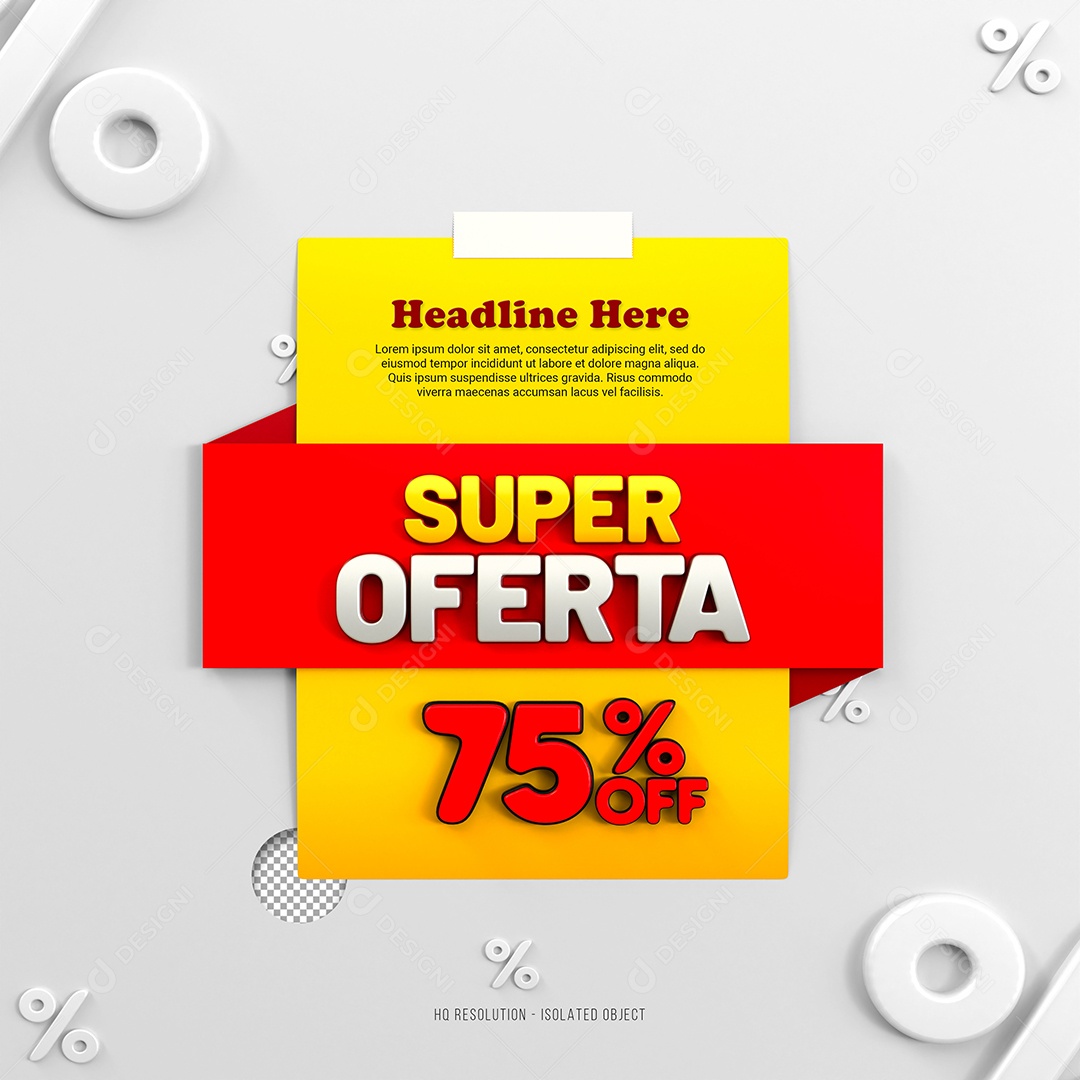 Super Oferta de 75% Off Selo 3D Amarelo e Vermelho para Composição PSD