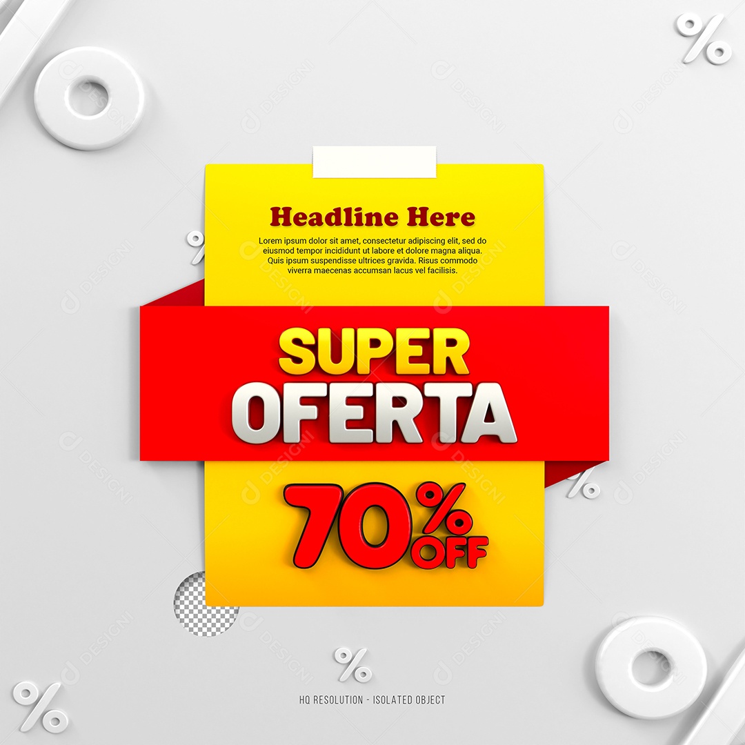 Super Oferta de 70% Off Selo 3D Amarelo e Vermelho para Composição PSD