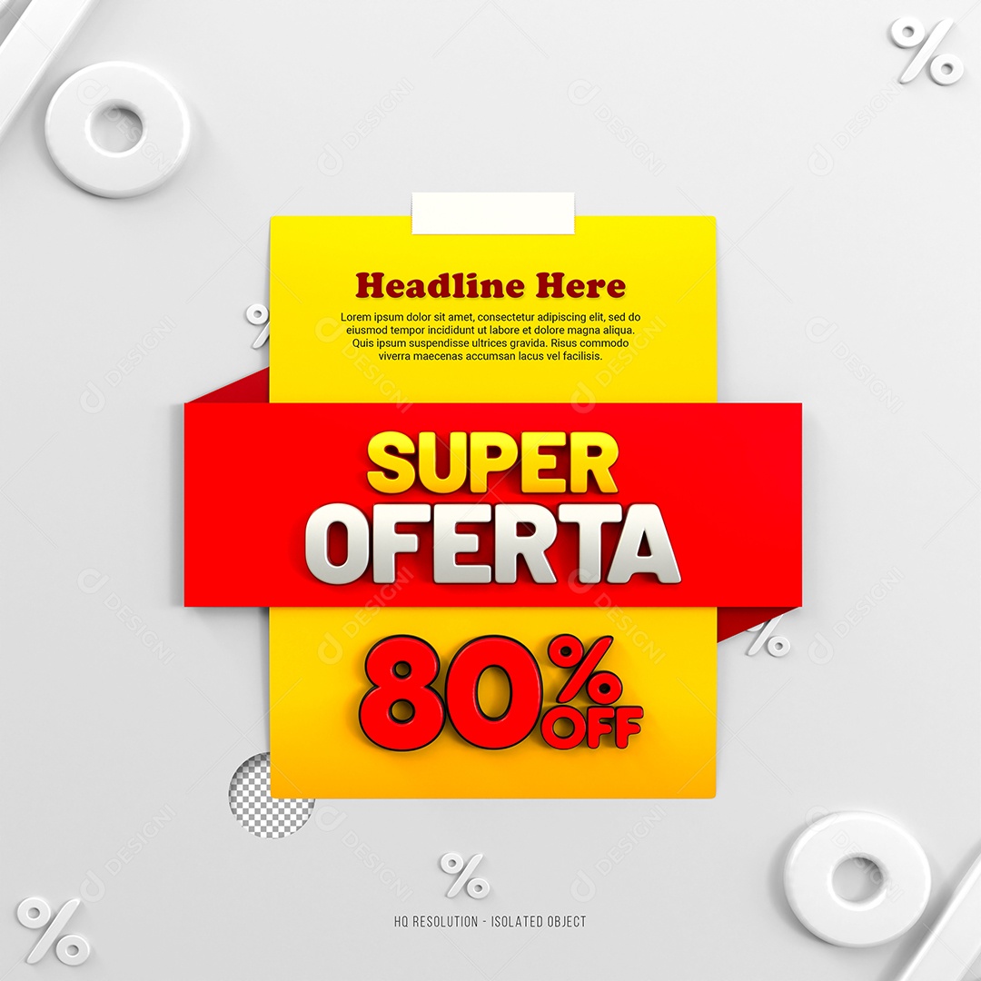 Super Oferta de 80% Off Selo 3D Amarelo e Vermelho para Composição PSD