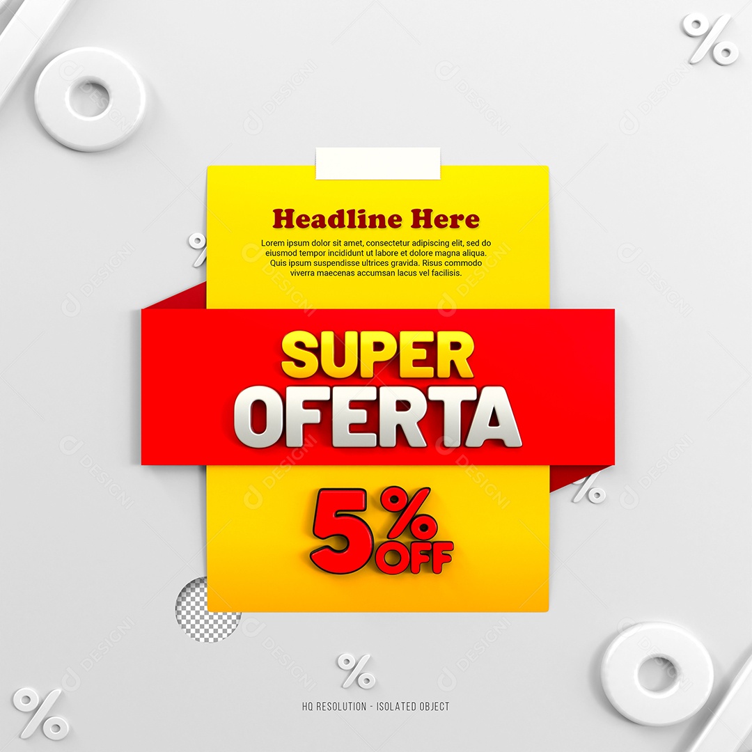 Super Oferta de 5% Selo 3D Amarelo e Vermelho para Composição PSD