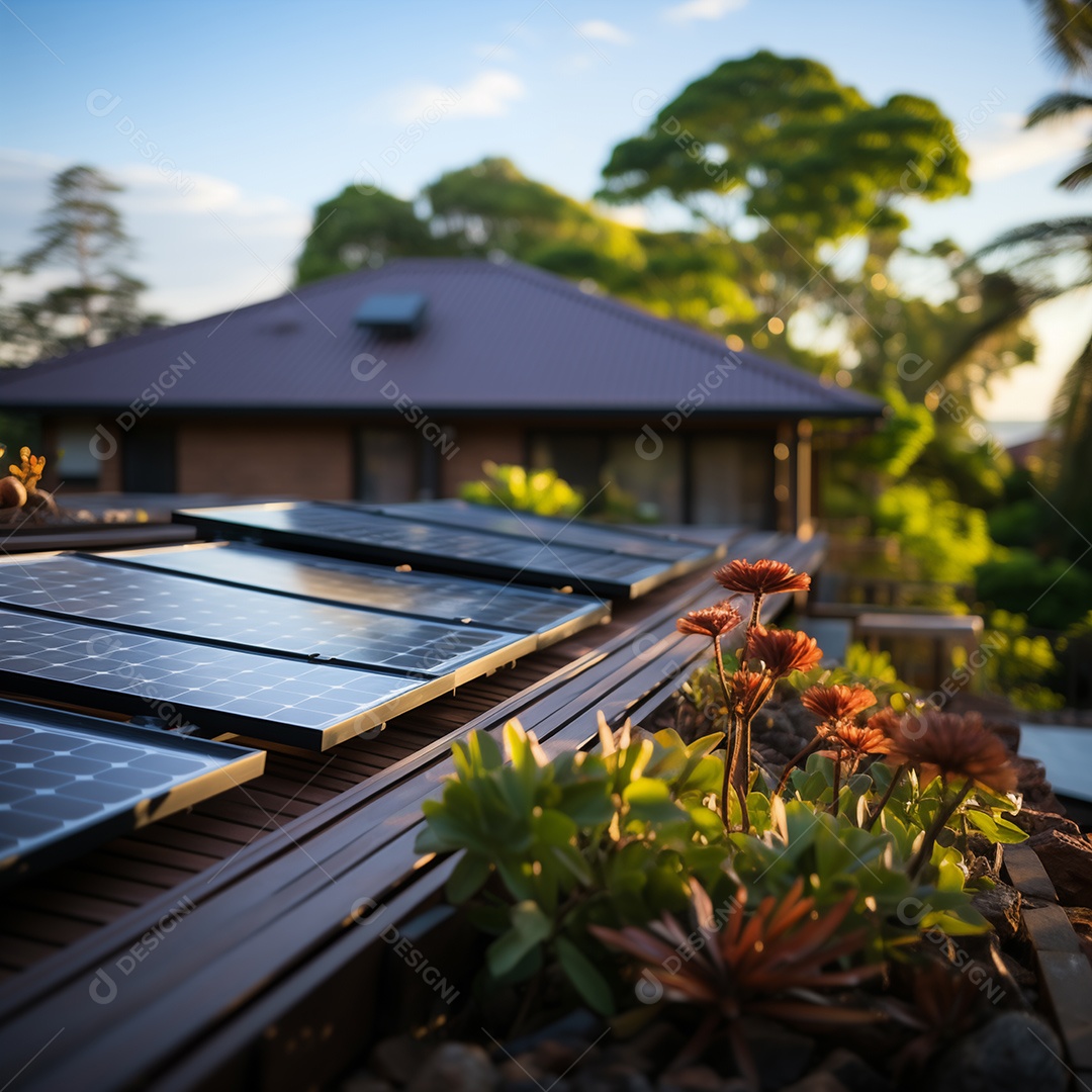 Painéis solares no telhado de uma casa moderna