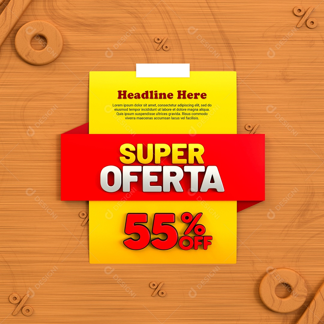 Super Oferta de 55% Off Selo 3D Amarelo e Vermelho para Composição PSD
