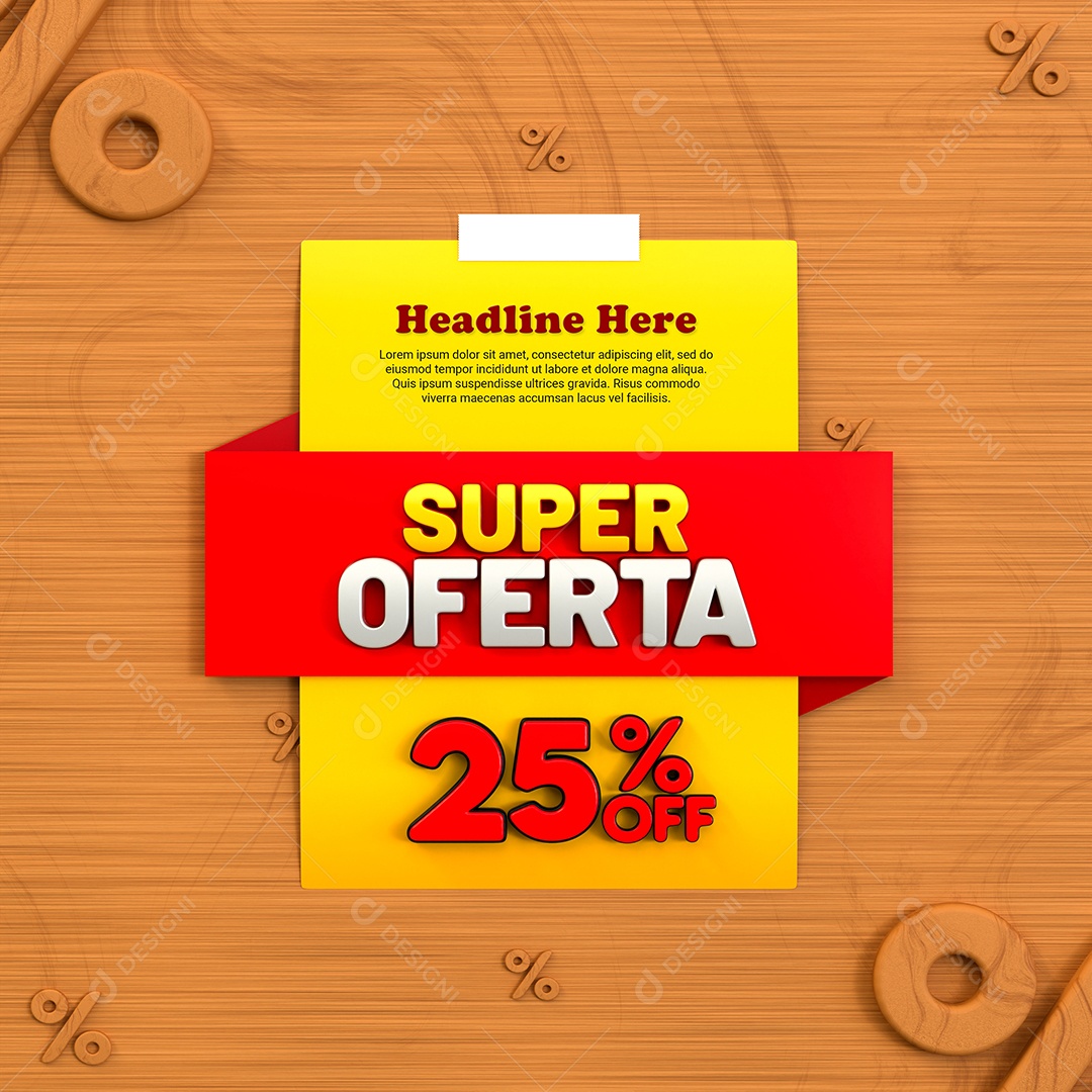 Super Oferta de 25% Off Selo 3D Amarelo e Vermelho para Composição PSD