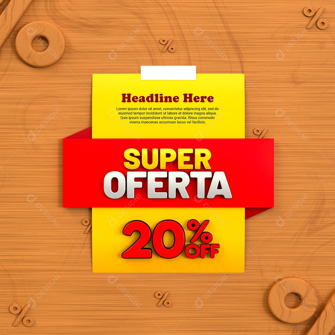Super Oferta de 20% Off Selo 3D Amarelo e Vermelho para Composição PSD