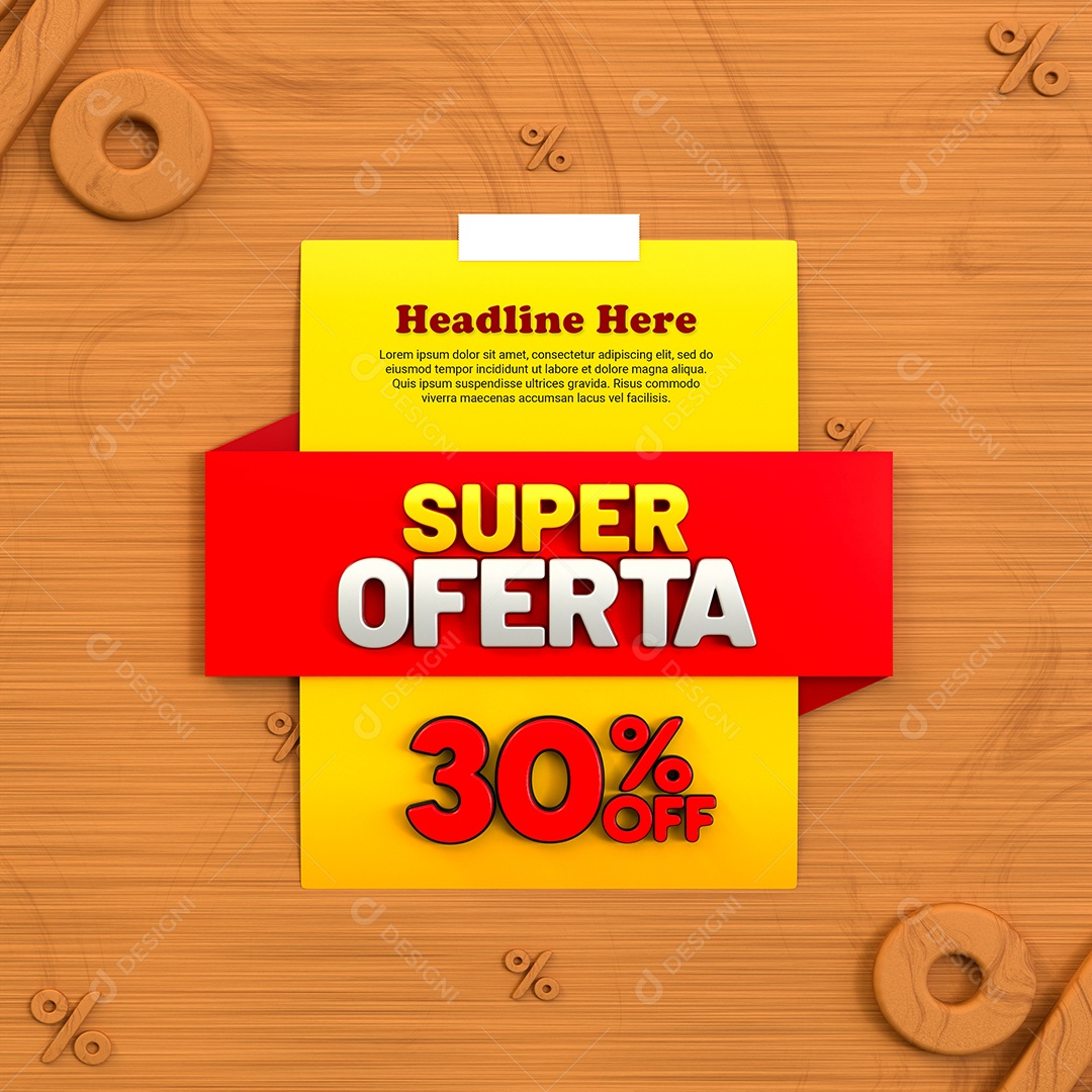 Super Oferta de 30% Off Selo 3D Amarelo e Vermelho para Composição PSD