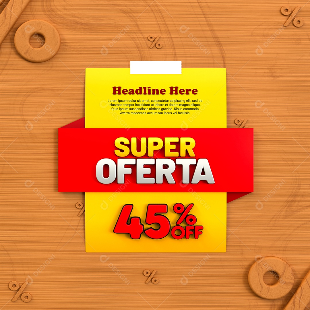 Super Oferta de 45% Off Selo 3D Amarelo e Vermelho para Composição PSD