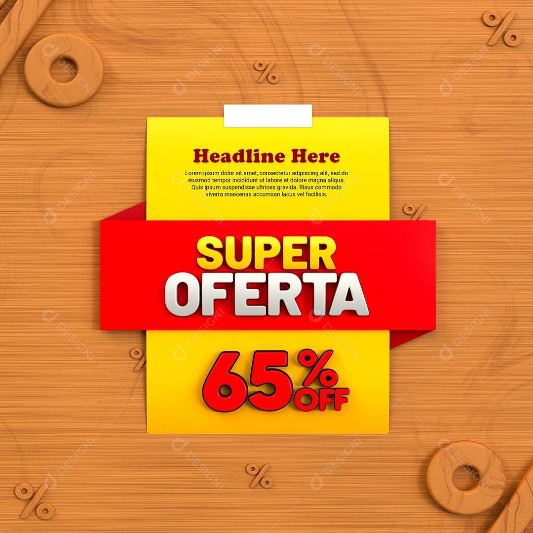 Super Oferta de 65% Off Selo 3D Amarelo e Vermelho para Composição PSD