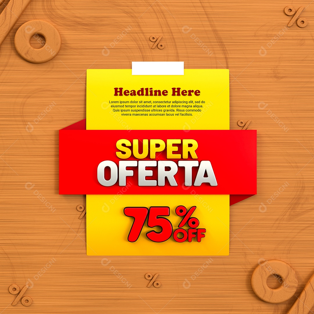 Super Oferta de 75% Off Selo 3D Amarelo e Vermelho para Composição PSD