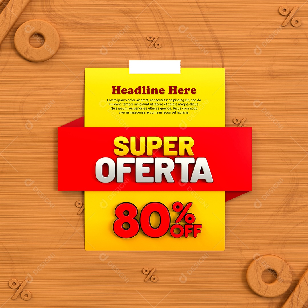 Super Oferta de 80% Off Selo 3D Amarelo e Vermelho para Composição PSD