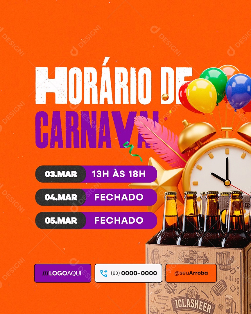 Horário De Carnaval Cervejaria Distribuidora de Bebidas Bar Social Media PSD Editável