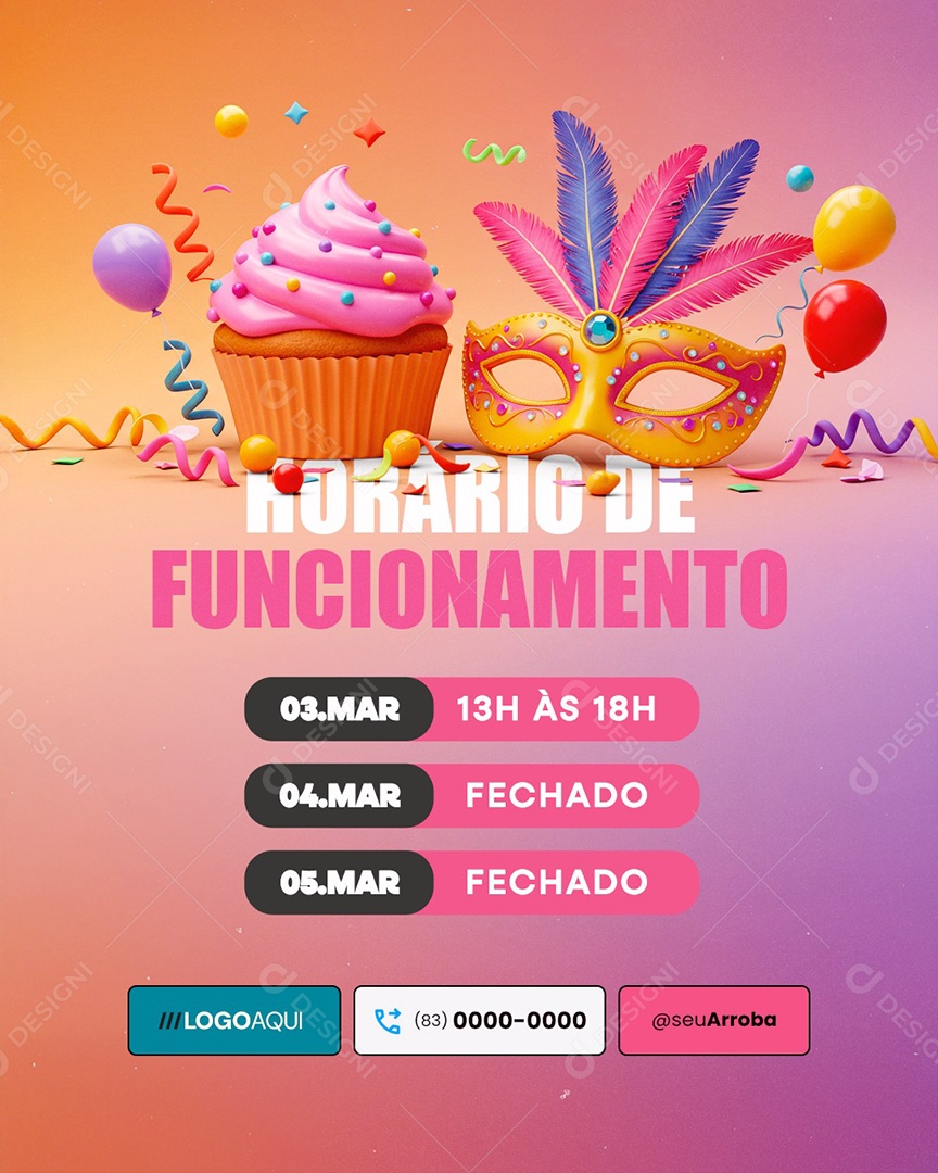 Horário de Funcionamento no Carnaval Doceria Confeitaria Social Media PSD Editável