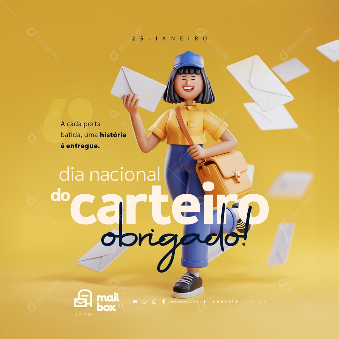 Dia Nacional do Carteiro 25 de Janeiro Obrigado Social Media PSD Editável