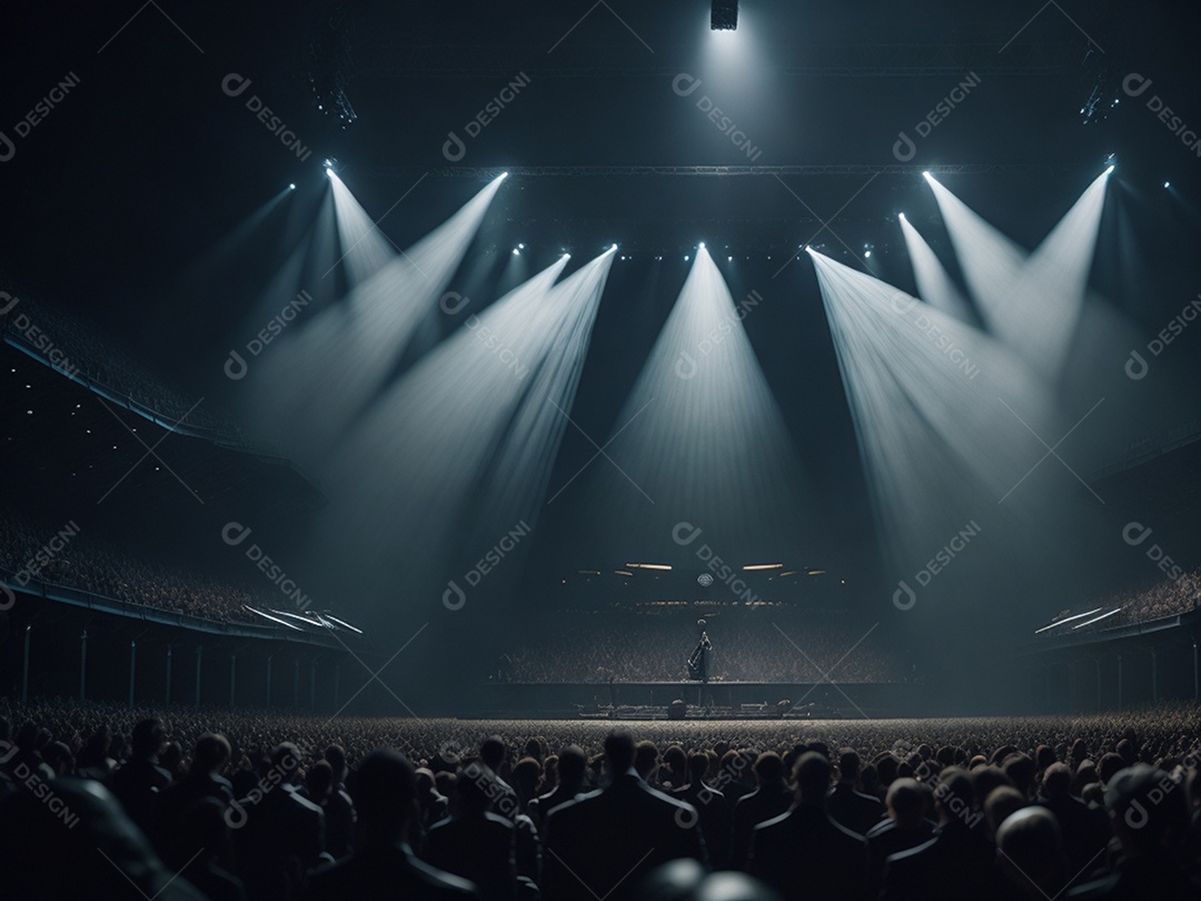 Um palco para show bem iluminado com multidão na platéia
