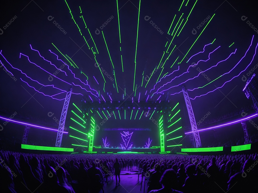 Um palco com show e luzes neon uma mutidão na platéia