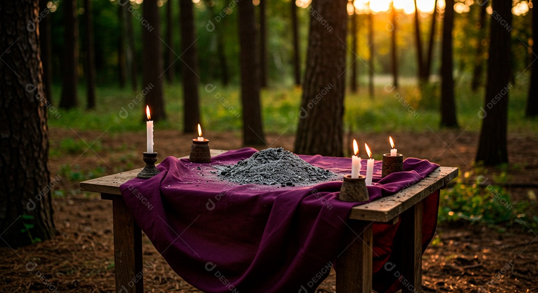Velas e prato com cinzas sobre uma mesa de madeirta sobre floresta