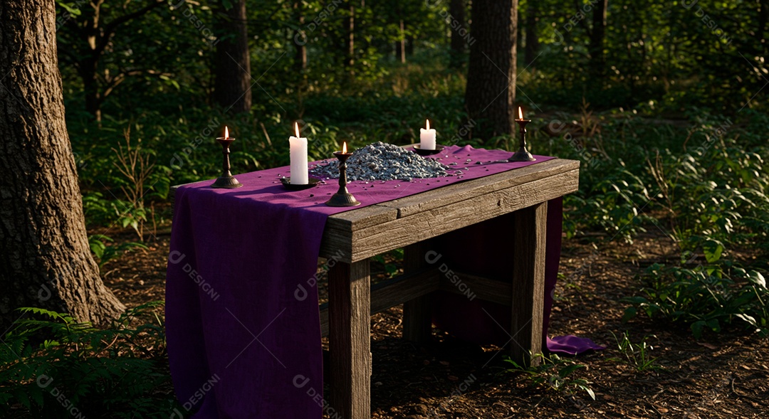 Velas e prato com cinzas sobre uma mesa de madeirta sobre floresta