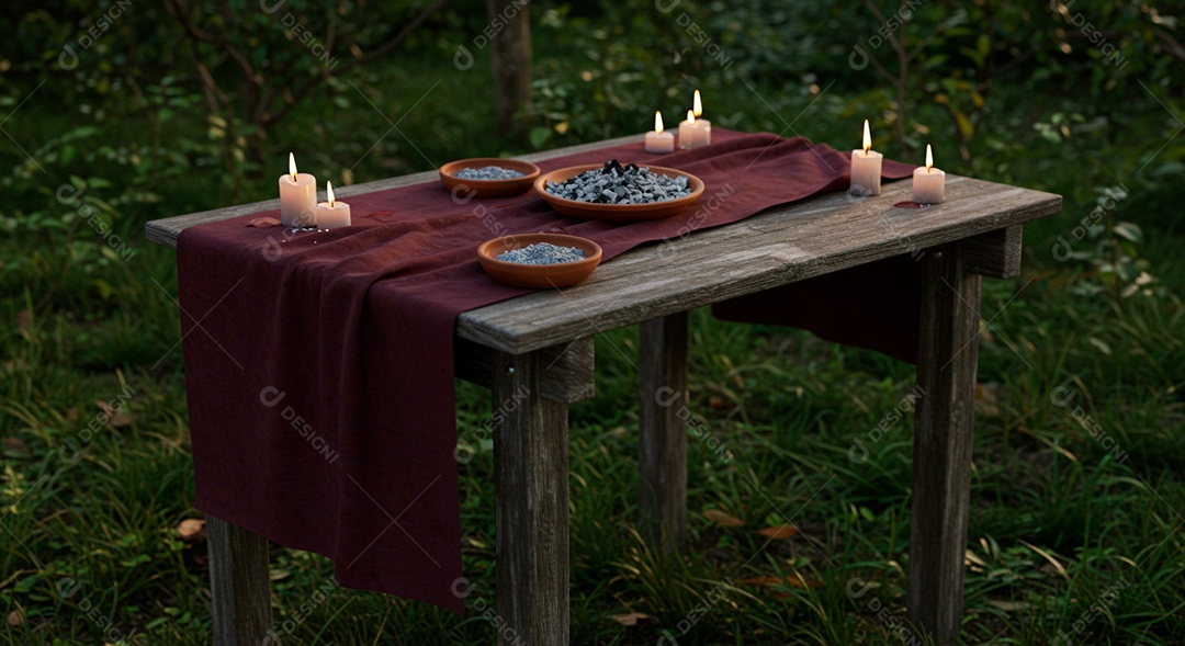 Velas e prato com cinzas sobre uma mesa de madeirta sobre floresta