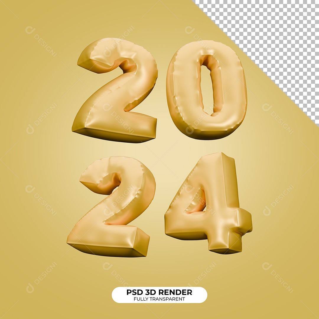 Elemento 3D Ano Novo 2024 para Composição PSD