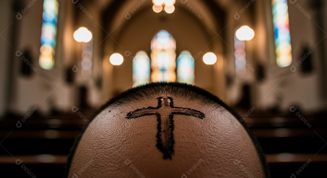 Cruz na testa de uma pessoa sobre igreja