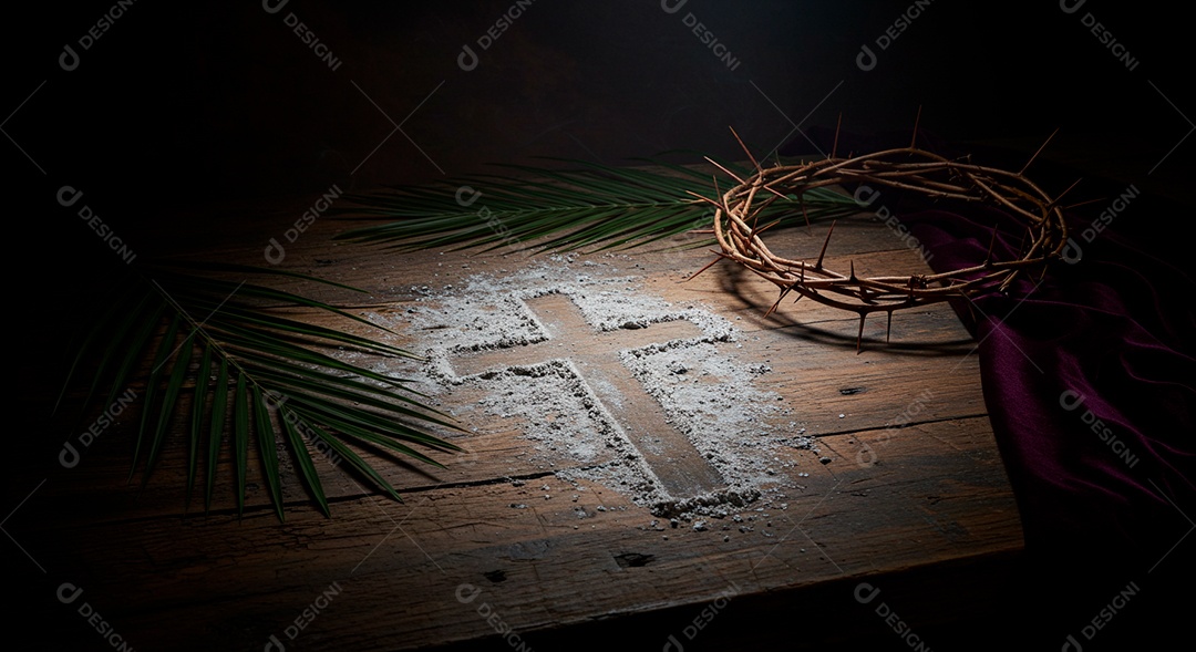 Coroa de Espinhos cruz sobre uma mesa de madeira