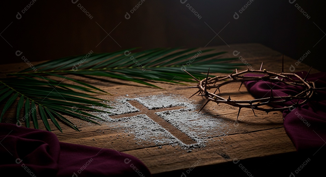 Coroa de Espinhos cruz sobre uma mesa de madeira