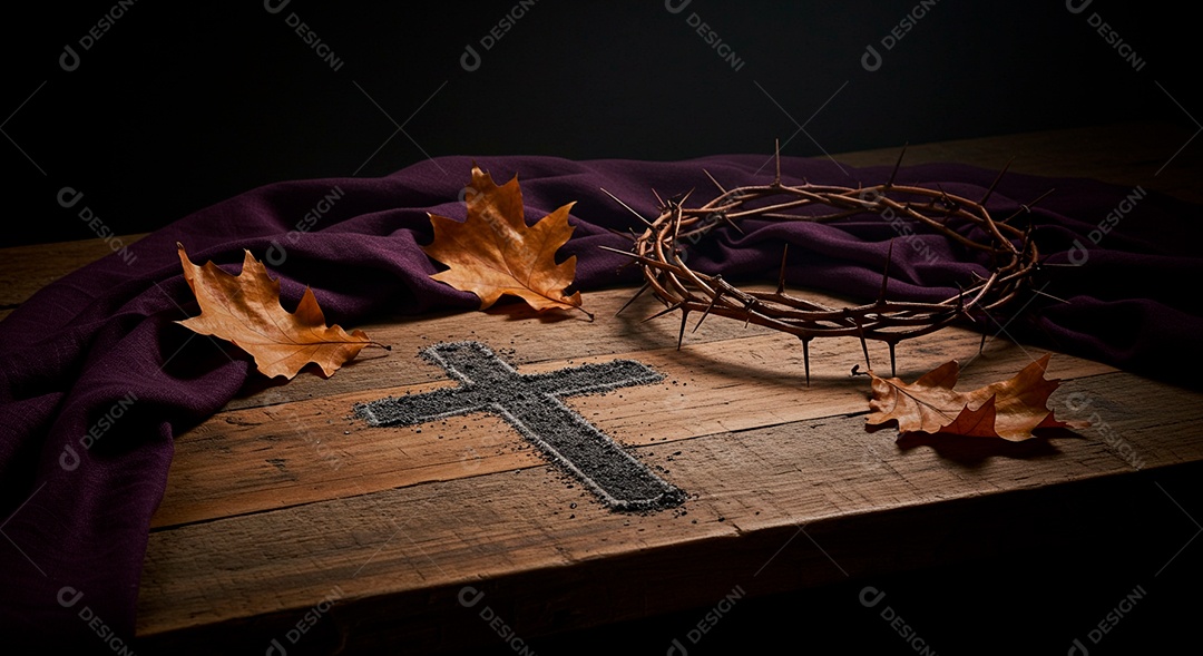 Coroa de Espinhos cruz sobre uma mesa de madeira