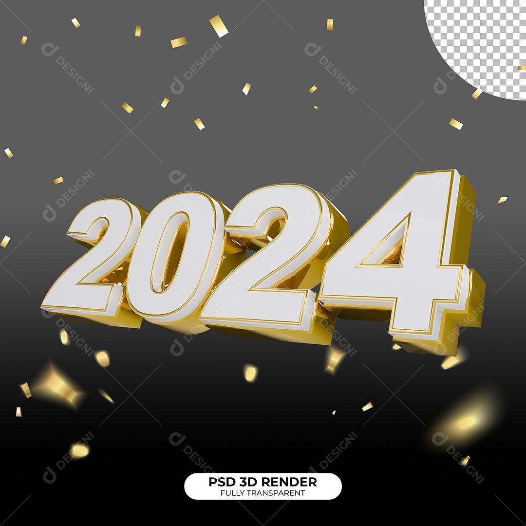 Elemento 3D Feliz Ano Novo 2024 para Composição PSD