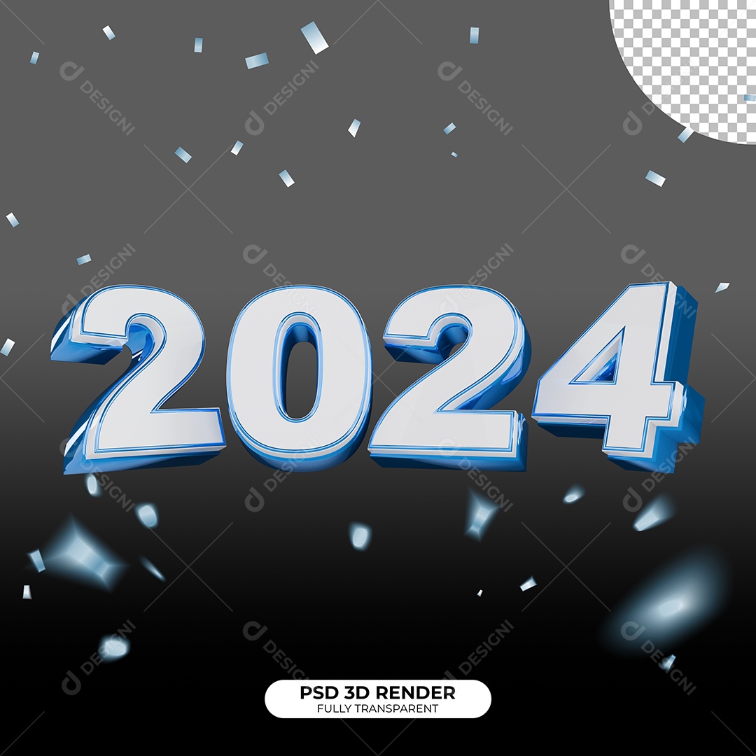 Elemento 3D Feliz Ano Novo 2024 para Composição PSD