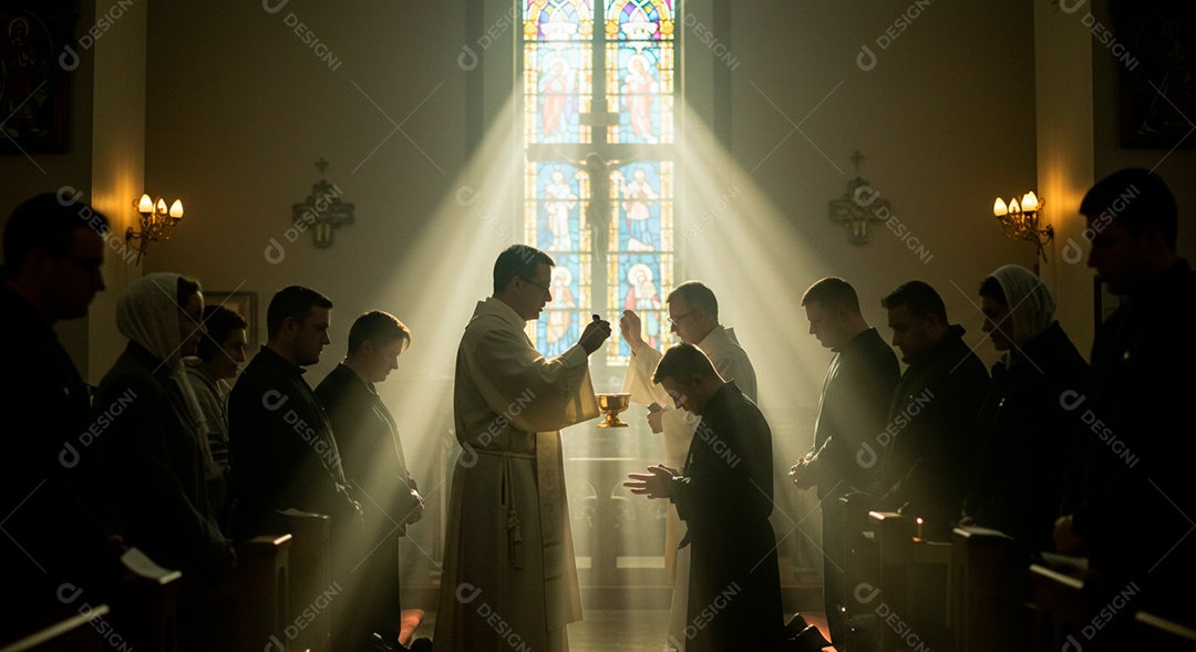 Padre rezando sobre igreja católica