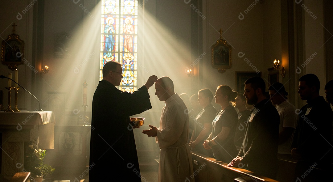 Padre rezando sobre igreja católica