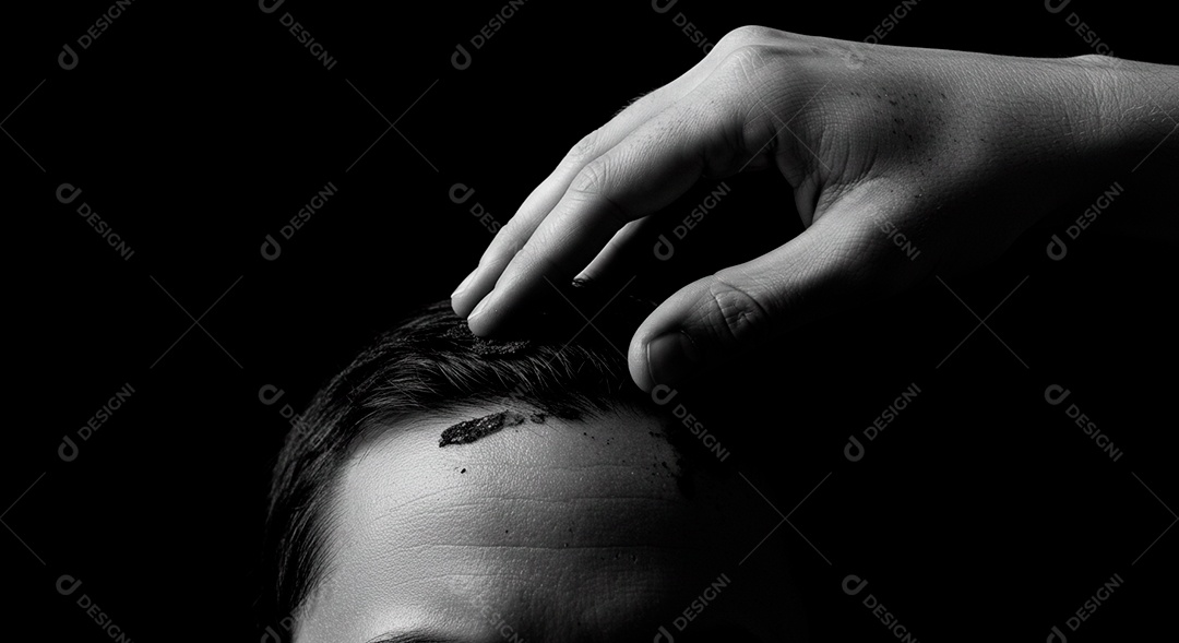 Mãos de pessoa pintando testa de uma pessoa celebrando Quarta feira de Cinzas