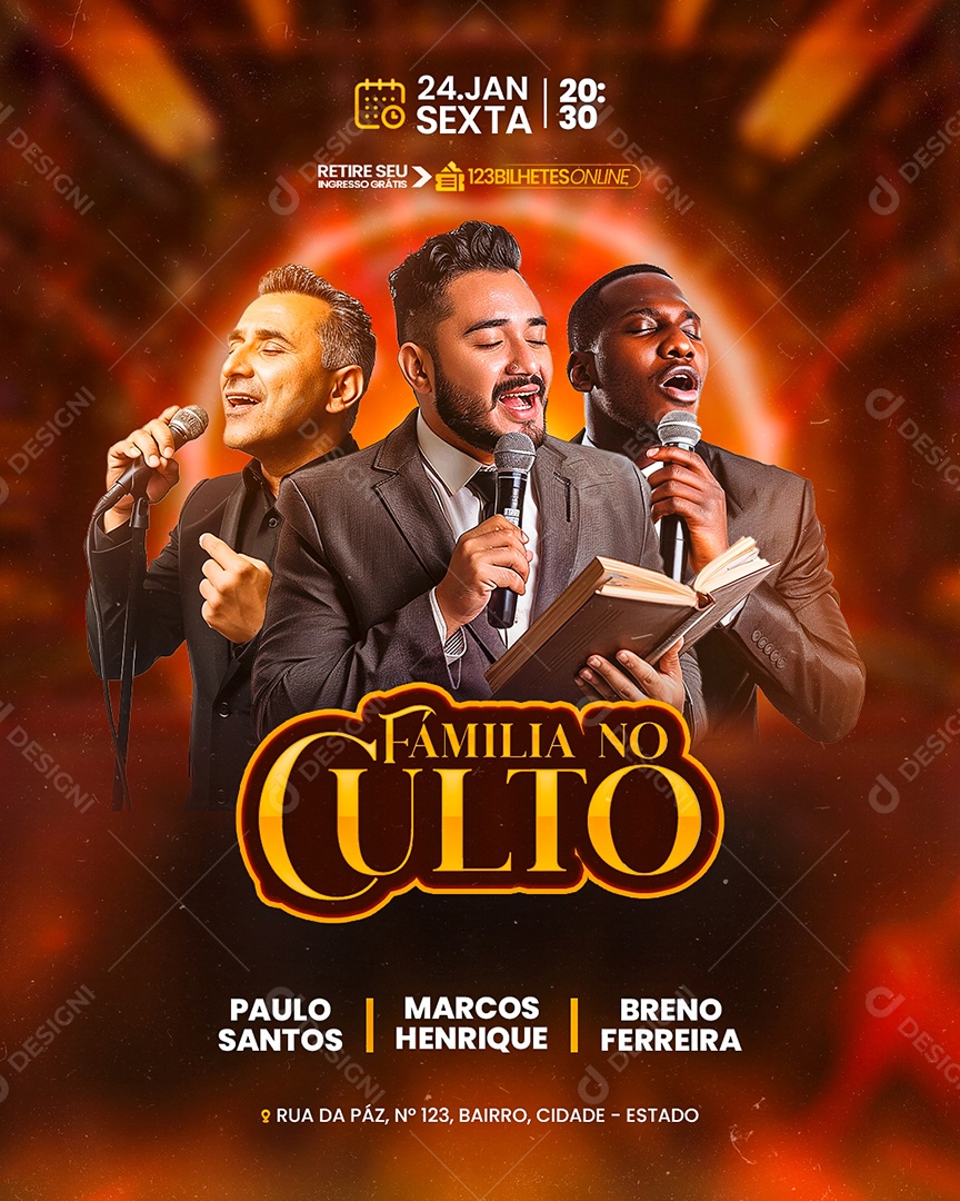 Flyer Gospel Familia no Culto Social Media PSD Editável