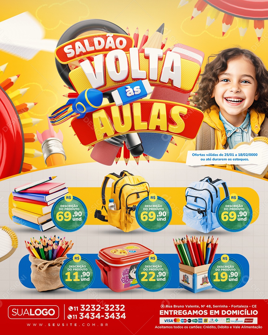 Tabloide Saldão Volta às Aulas Papelaria Social Media PSD Editável
