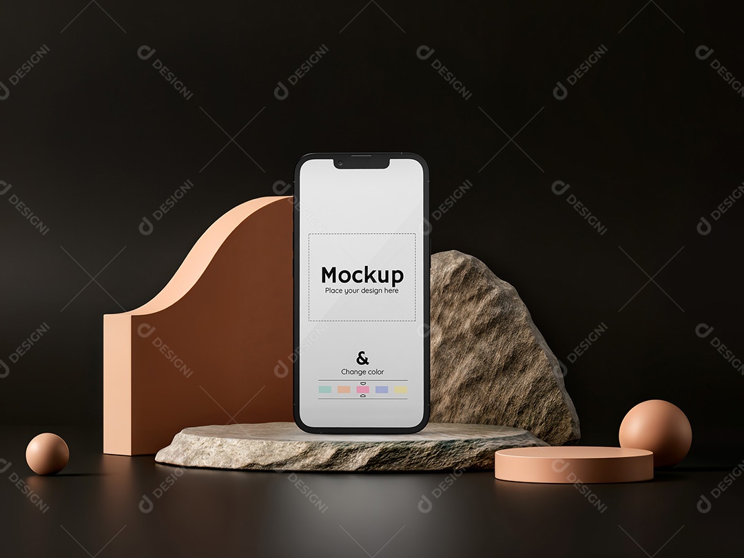 Celular na Pedra com Elementos Mockup PSD Editável