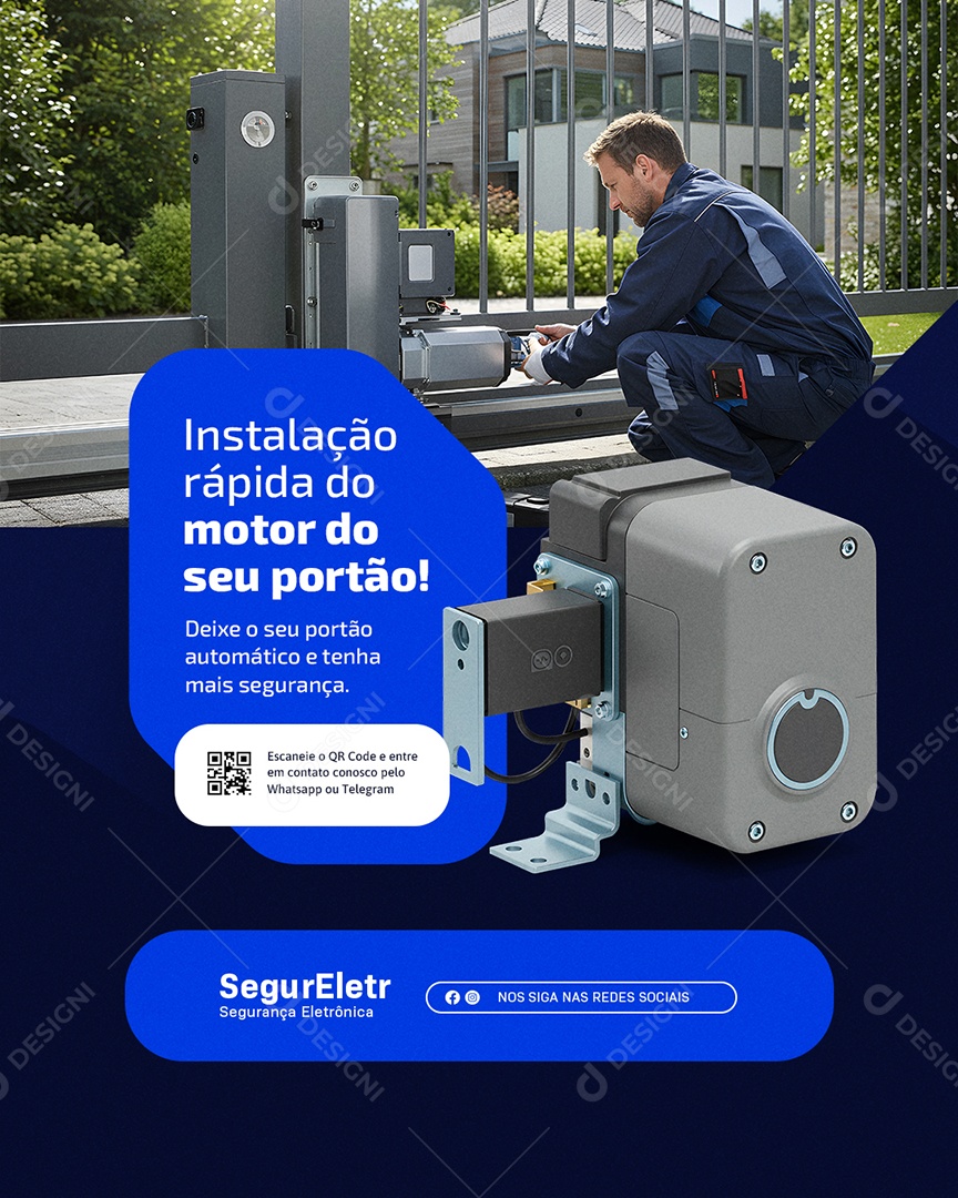 Segurança Eletrônica Instalação Rápida do Motor do Seu Portão Social Media PSD Editável