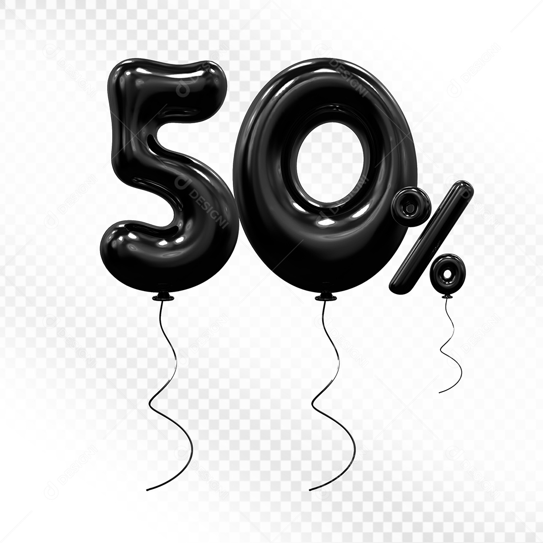 Elemento 3D Balão Preto de Número 50% Para composição PSD
