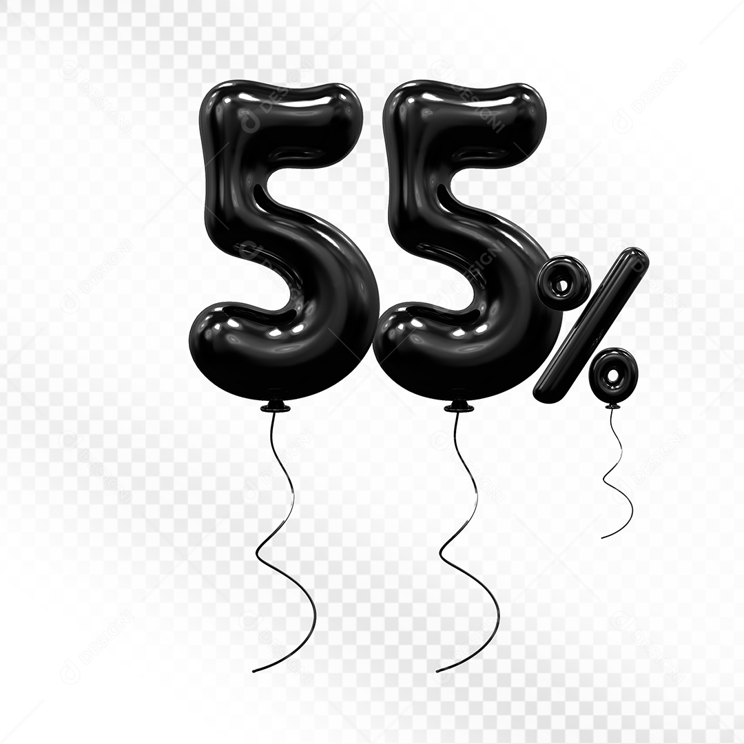 Elemento 3D Balão Preto de Número 55% Para composição PSD