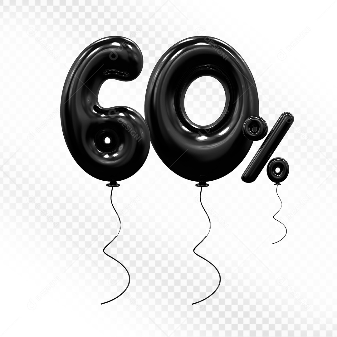 Elemento 3D Balão Preto de Número 60% Para composição PSD