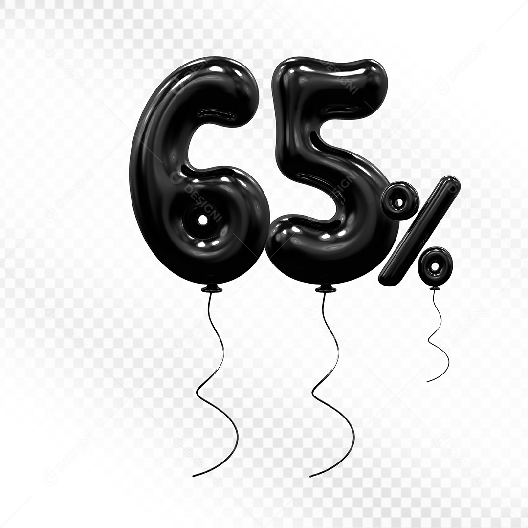 Elemento 3D Balão Preto de Número 65% Para composição PSD