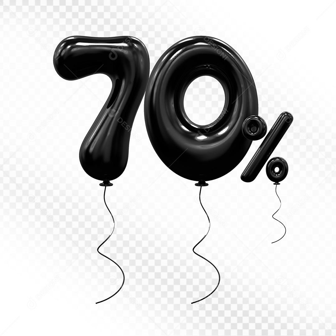 Elemento 3D Balão Preto de Número 70% Para composição PSD