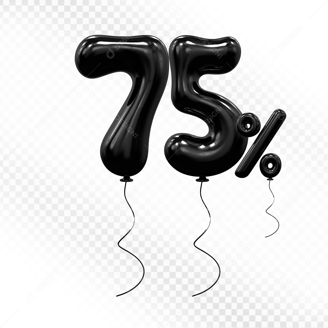 Elemento 3D Balão Preto de Número 75% Para composição PSD
