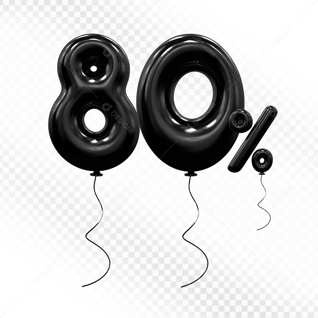 Elemento 3D Balão Preto de Número 80% Para composição PSD