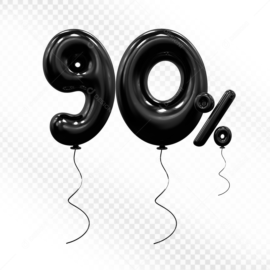 Elemento 3D Balão Preto de Número 90% Para composição PSD