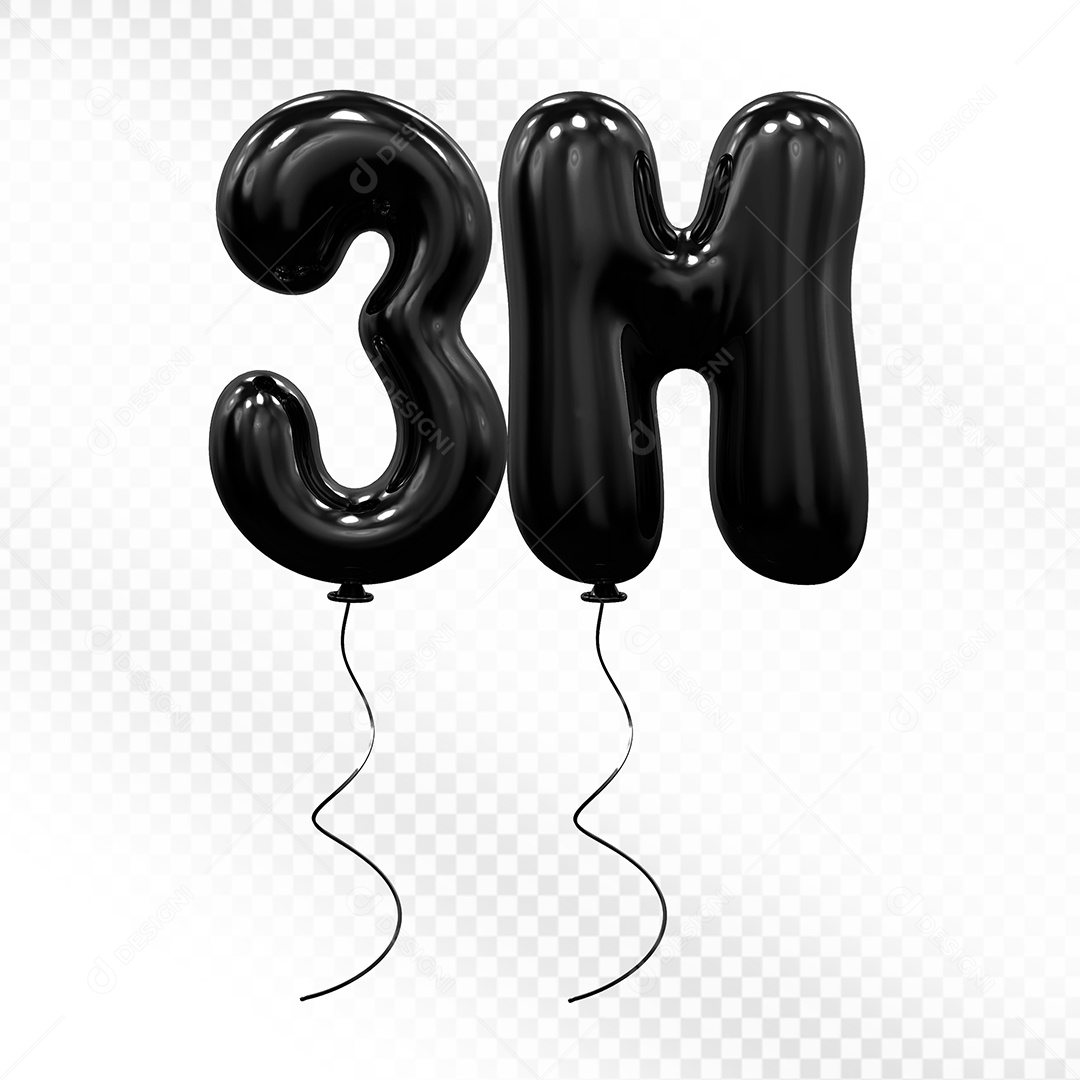Elemento 3D Balão Preto de Número 3M Para composição PSD