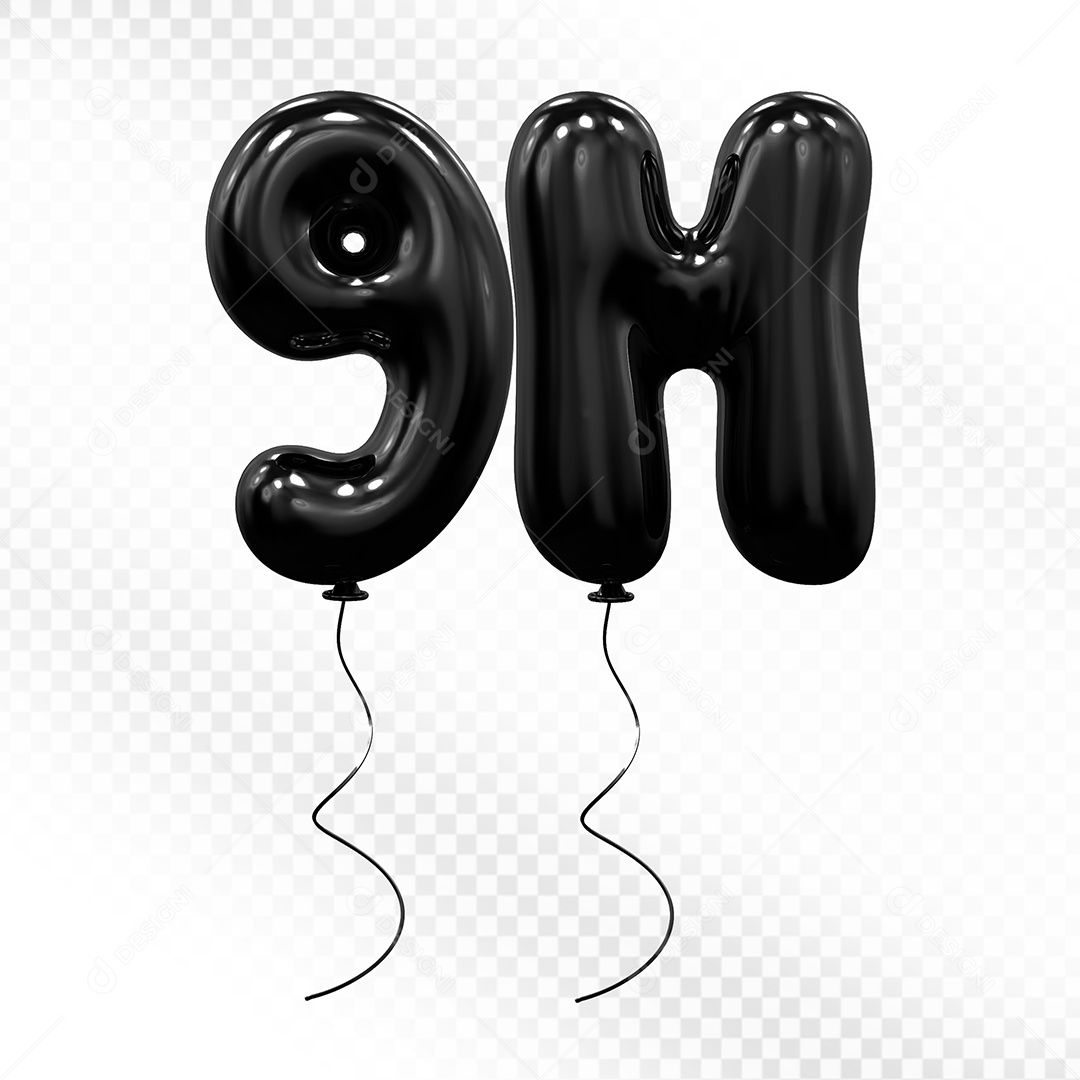 Elemento 3D Balão Preto de Número 9M Para composição PSD