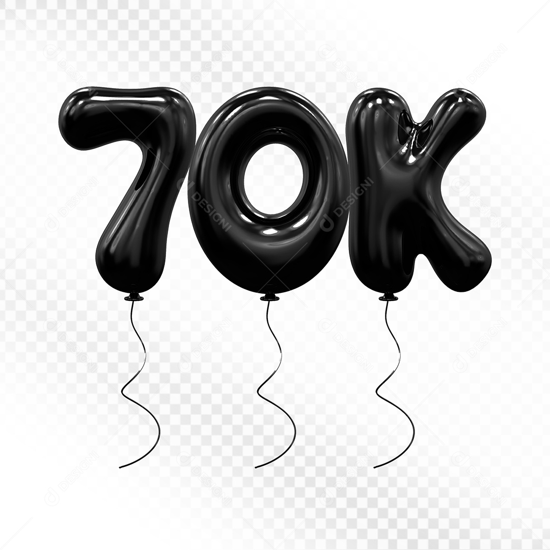 Elemento 3D Balão Preto de Número 70K Para composição PSD